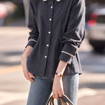 Casual Lace Trim Collared Pleated Loose Fit Shirt - liwisi
