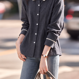 Casual Lace Trim Collared Pleated Loose Fit Shirt - liwisi