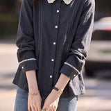 Casual Lace Trim Collared Pleated Loose Fit Shirt - liwisi