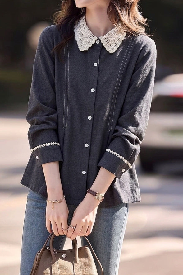 Casual Lace Trim Collared Pleated Loose Fit Shirt - liwisi