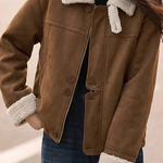 Vintage Suede-Look Cropped Warm Jacket with Faux Fur Lapel - liwisi