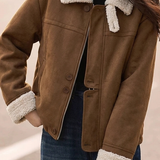 Vintage Suede-Look Cropped Warm Jacket with Faux Fur Lapel - liwisi