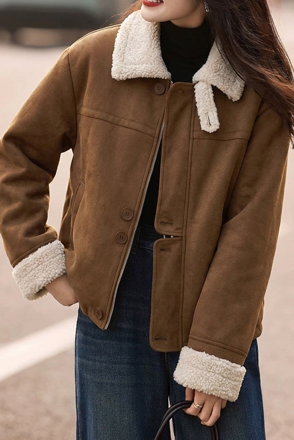 Vintage Suede-Look Cropped Warm Jacket with Faux Fur Lapel - liwisi