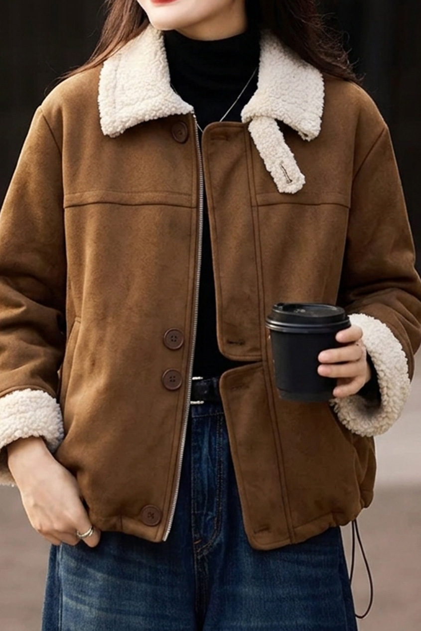 Vintage Suede-Look Cropped Warm Jacket with Faux Fur Lapel - liwisi