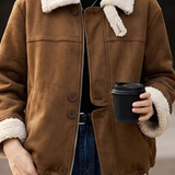 Vintage Suede-Look Cropped Warm Jacket with Faux Fur Lapel - liwisi