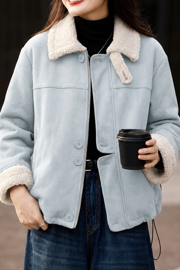 Vintage Suede-Look Cropped Warm Jacket with Faux Fur Lapel - liwisi