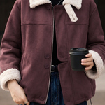 Vintage Suede-Look Cropped Warm Jacket with Faux Fur Lapel - liwisi