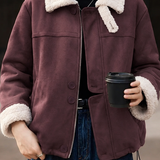 Vintage Suede-Look Cropped Warm Jacket with Faux Fur Lapel - liwisi