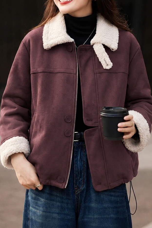 Vintage Suede-Look Cropped Warm Jacket with Faux Fur Lapel - liwisi