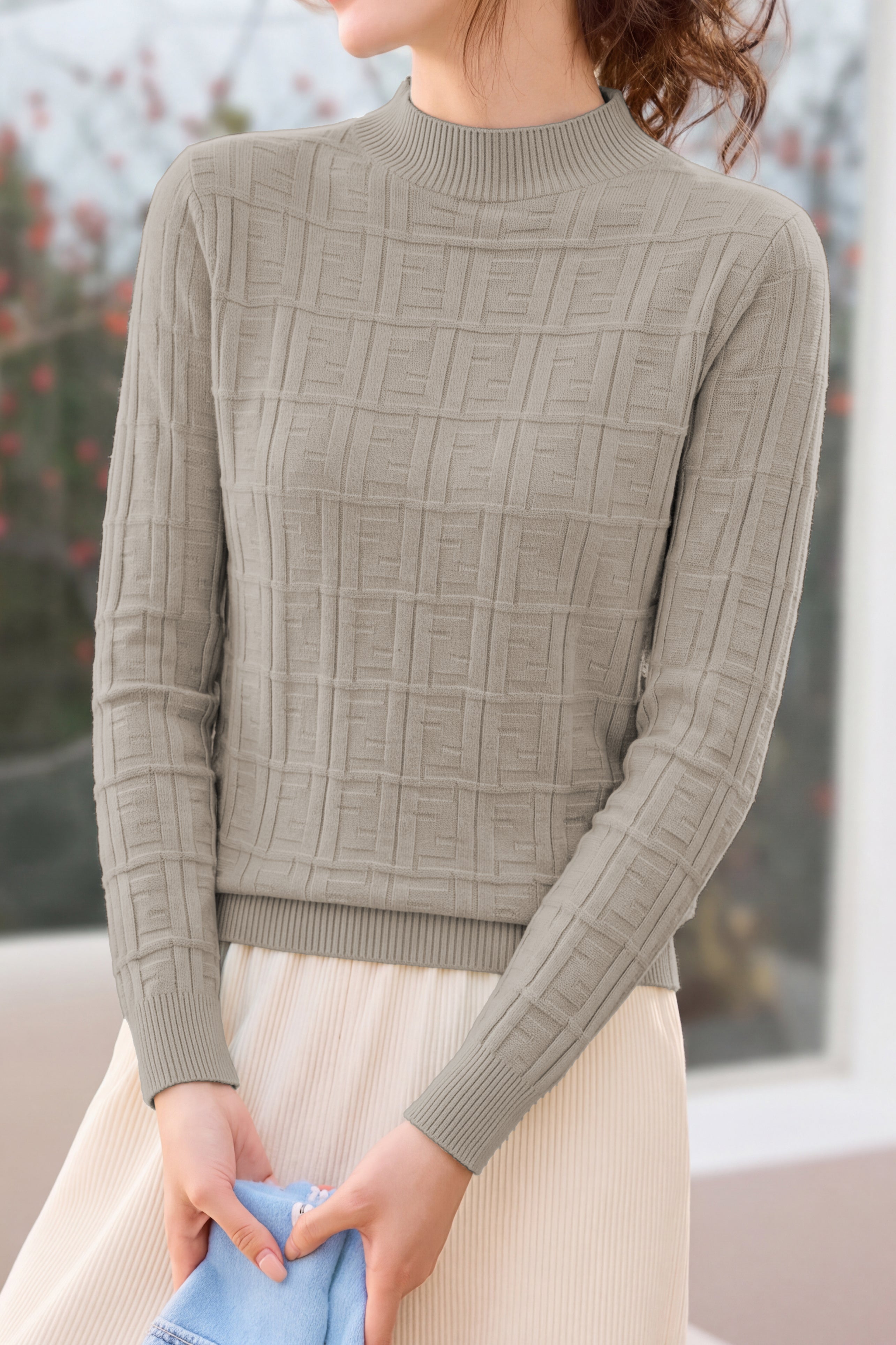 Chic Mock Neck Knit Sweater with Subtle Geometric Pattern - liwisi