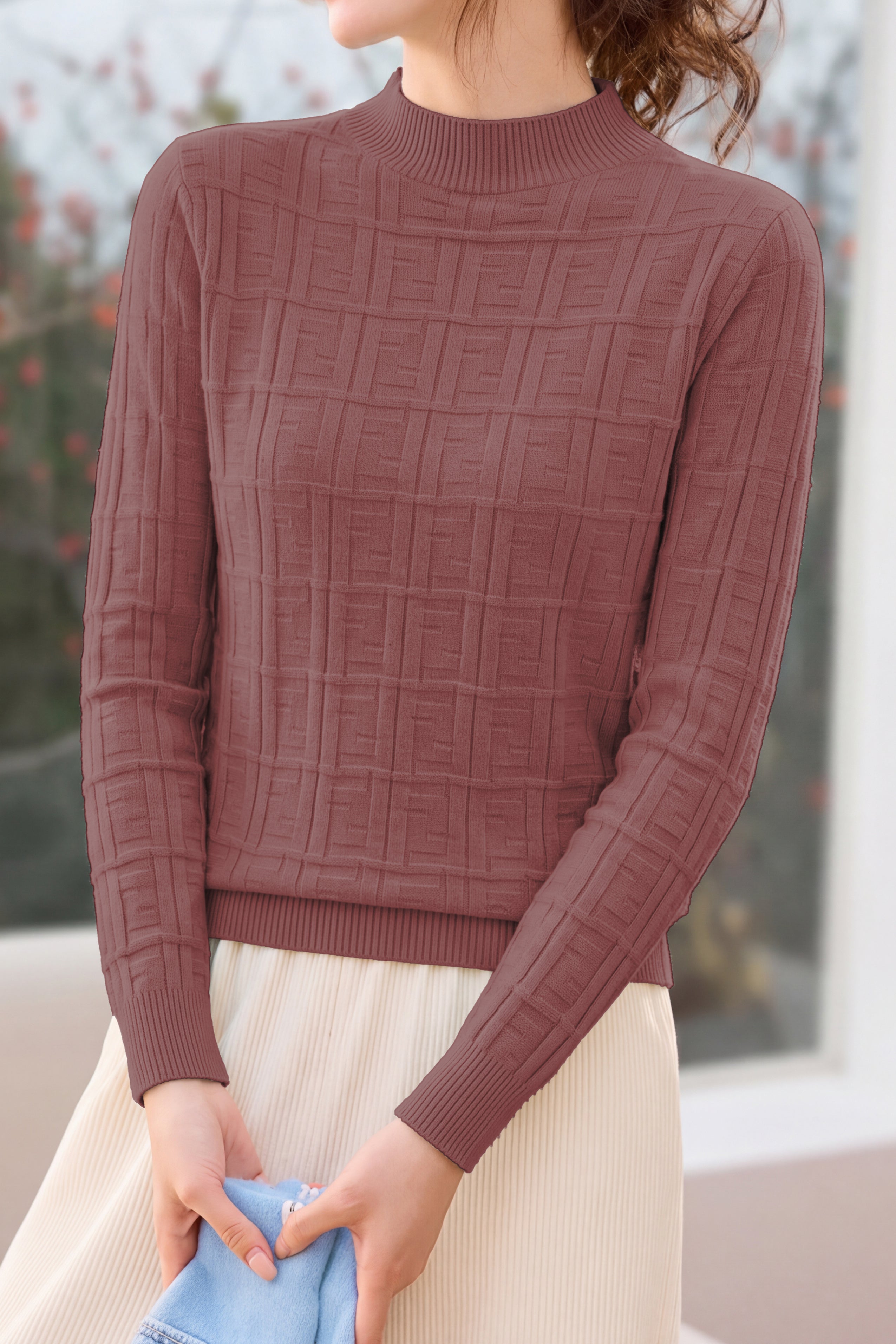 Chic Mock Neck Knit Sweater with Subtle Geometric Pattern - liwisi