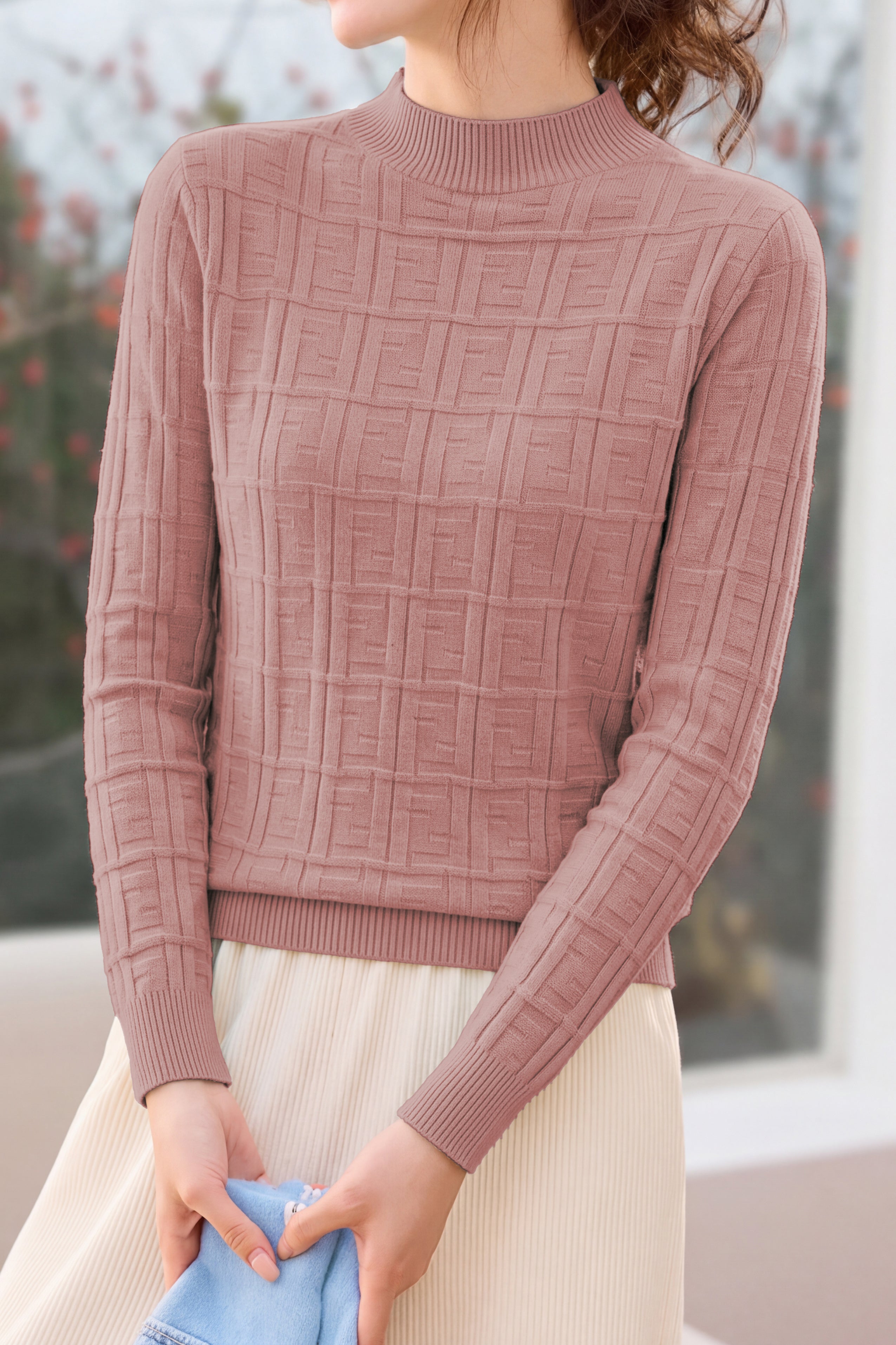 Chic Mock Neck Knit Sweater with Subtle Geometric Pattern - liwisi
