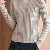 Chic V-Neck Wide Ribbed Knit Sweater - liwisi