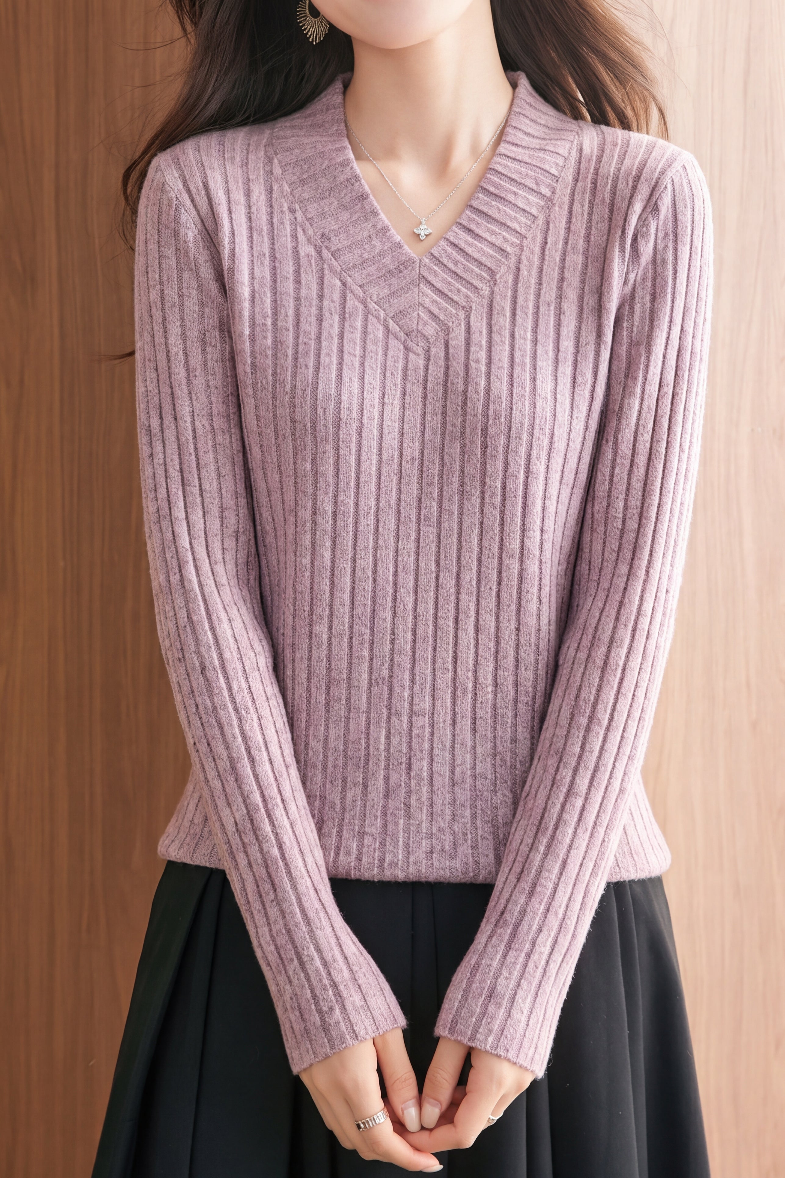 Chic V-Neck Wide Ribbed Knit Sweater - liwisi