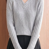 Chic V-Neck Wide Ribbed Knit Sweater - liwisi