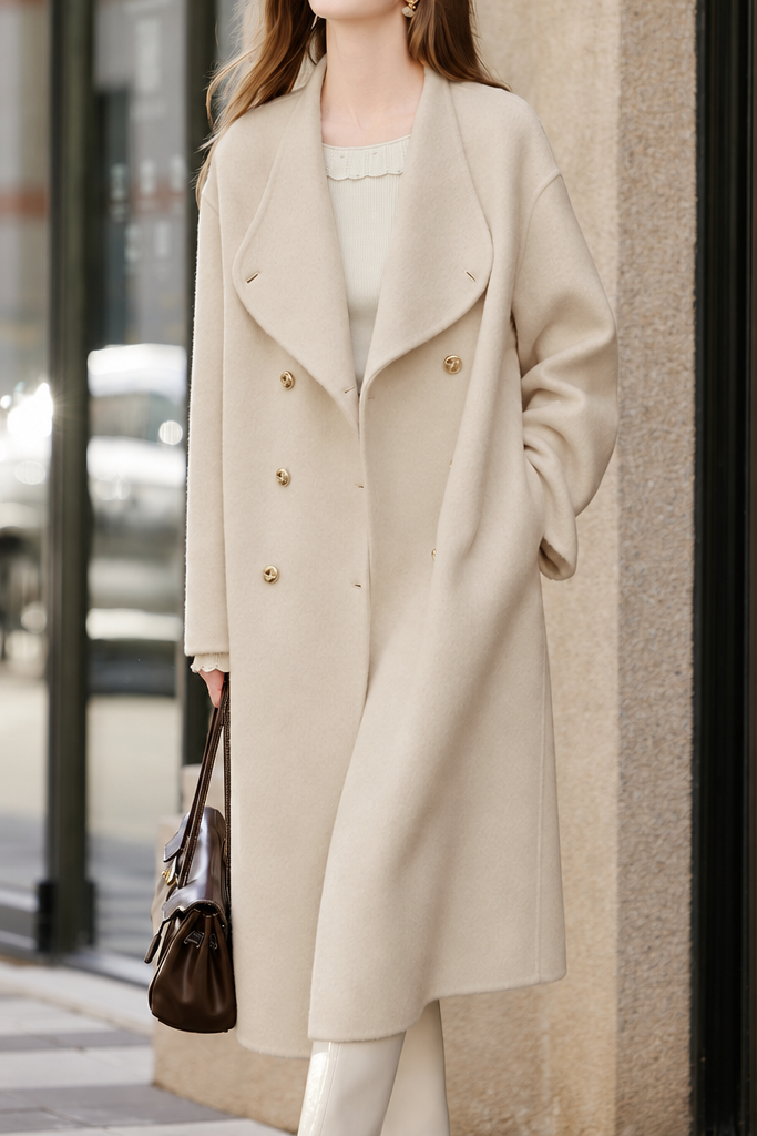 Chic Double Breasted Notched Lapel Wool Blend Coat - liwisi