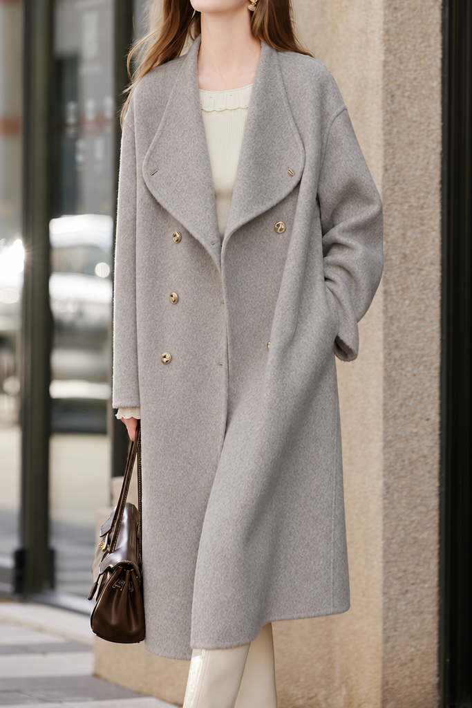 Chic Double Breasted Notched Lapel Wool Blend Coat - liwisi
