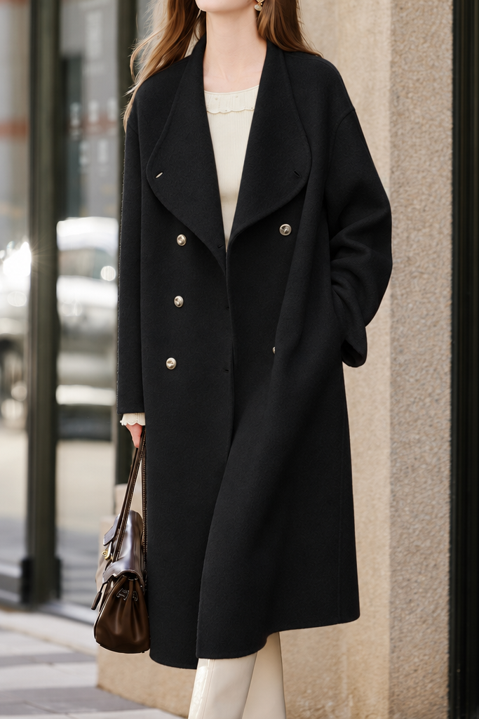Chic Double Breasted Notched Lapel Wool Blend Coat - liwisi