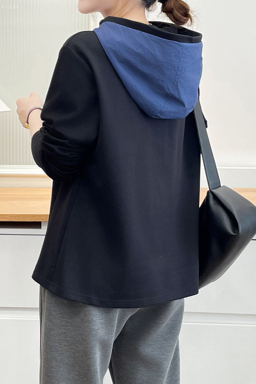 Casual Colorblock Hooded Half Zip Long Sleeve Sweatshirt - liwisi