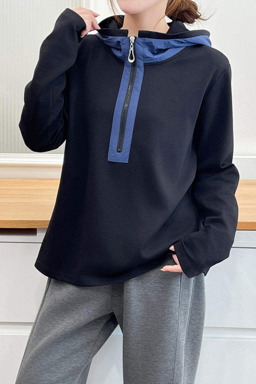 Casual Colorblock Hooded Half Zip Long Sleeve Sweatshirt - liwisi