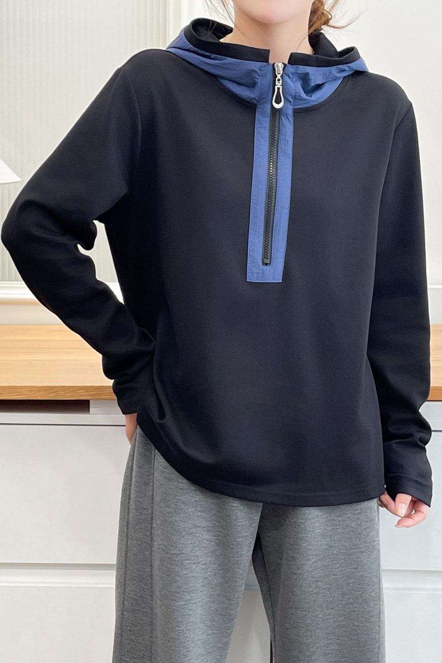 Casual Colorblock Hooded Half Zip Long Sleeve Sweatshirt - liwisi