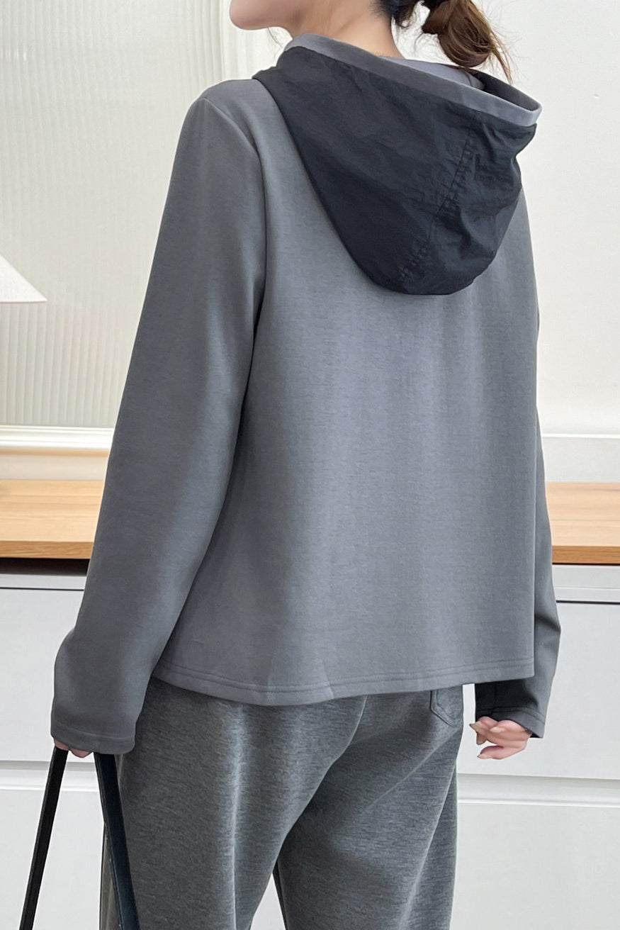 Casual Colorblock Hooded Half Zip Long Sleeve Sweatshirt - liwisi