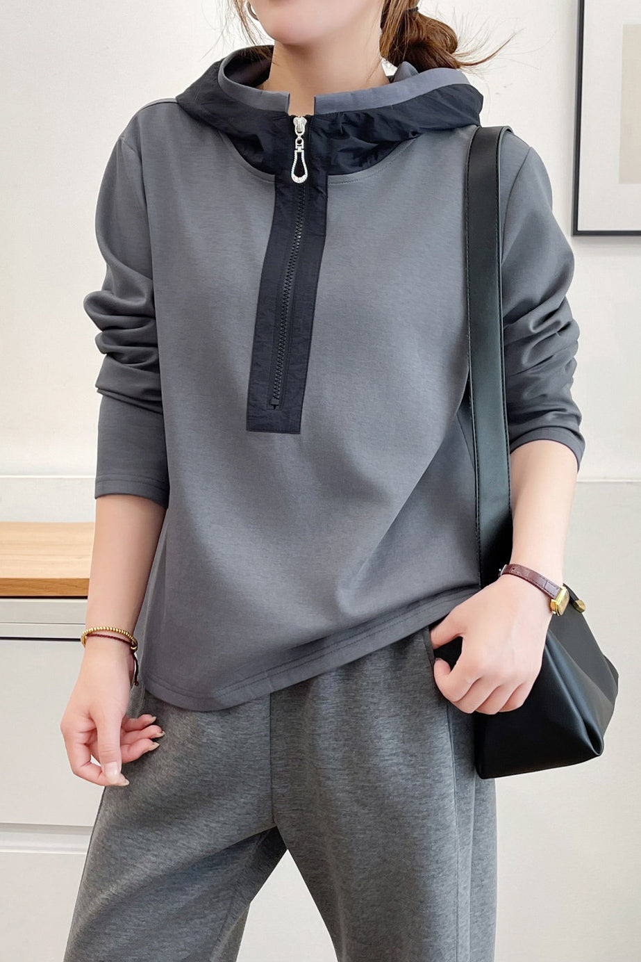 Casual Colorblock Hooded Half Zip Long Sleeve Sweatshirt - liwisi