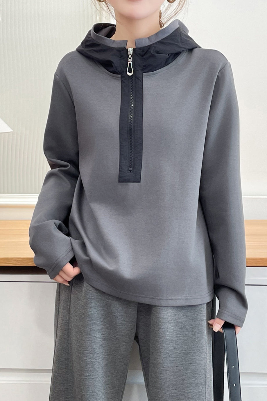 Casual Colorblock Hooded Half Zip Long Sleeve Sweatshirt - liwisi