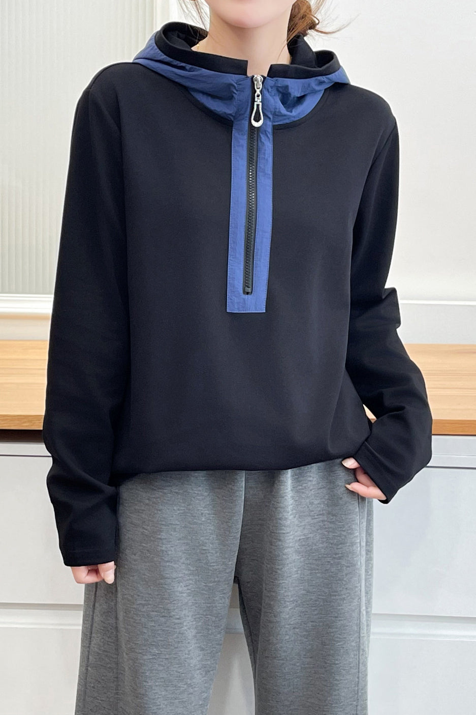 Casual Colorblock Hooded Half Zip Long Sleeve Sweatshirt - liwisi