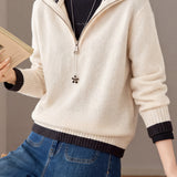 Casual Striped Collared Half Zip Long Sleeve Knit Sweater - liwisi