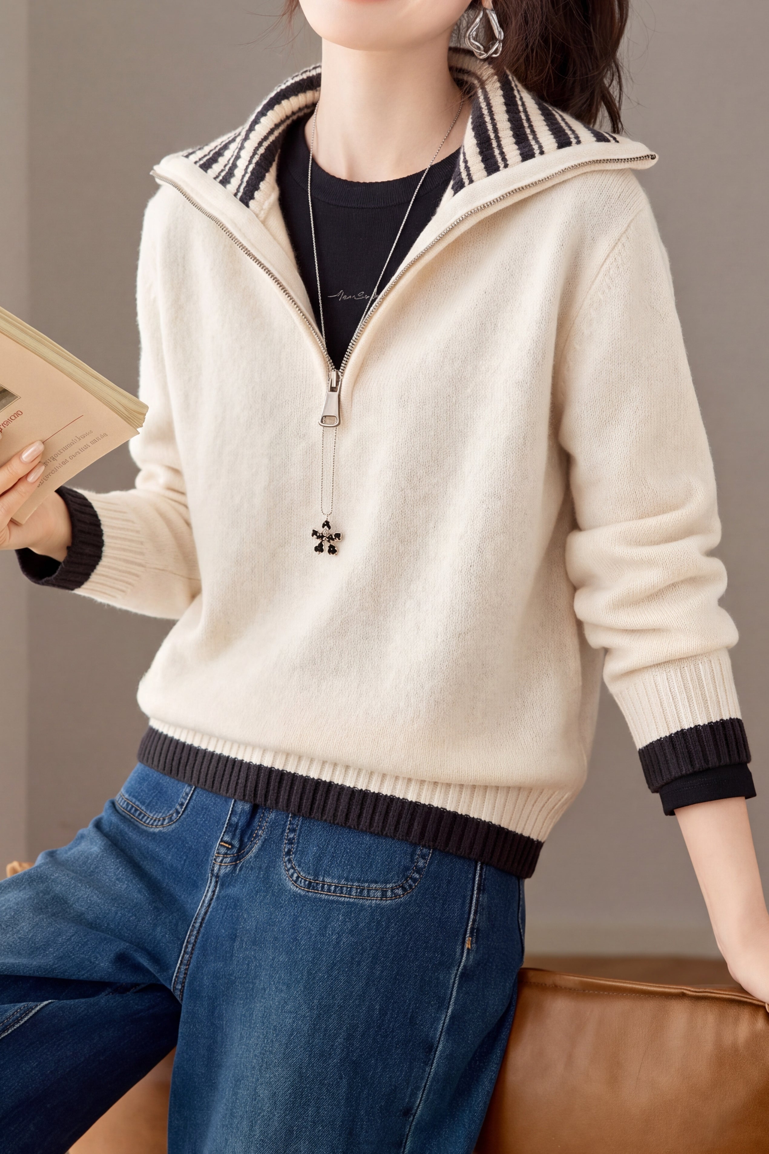 Casual Striped Collared Half Zip Long Sleeve Knit Sweater - liwisi