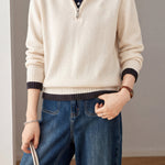 Casual Striped Collared Half Zip Long Sleeve Knit Sweater - liwisi