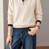 Casual Striped Collared Half Zip Long Sleeve Knit Sweater - liwisi