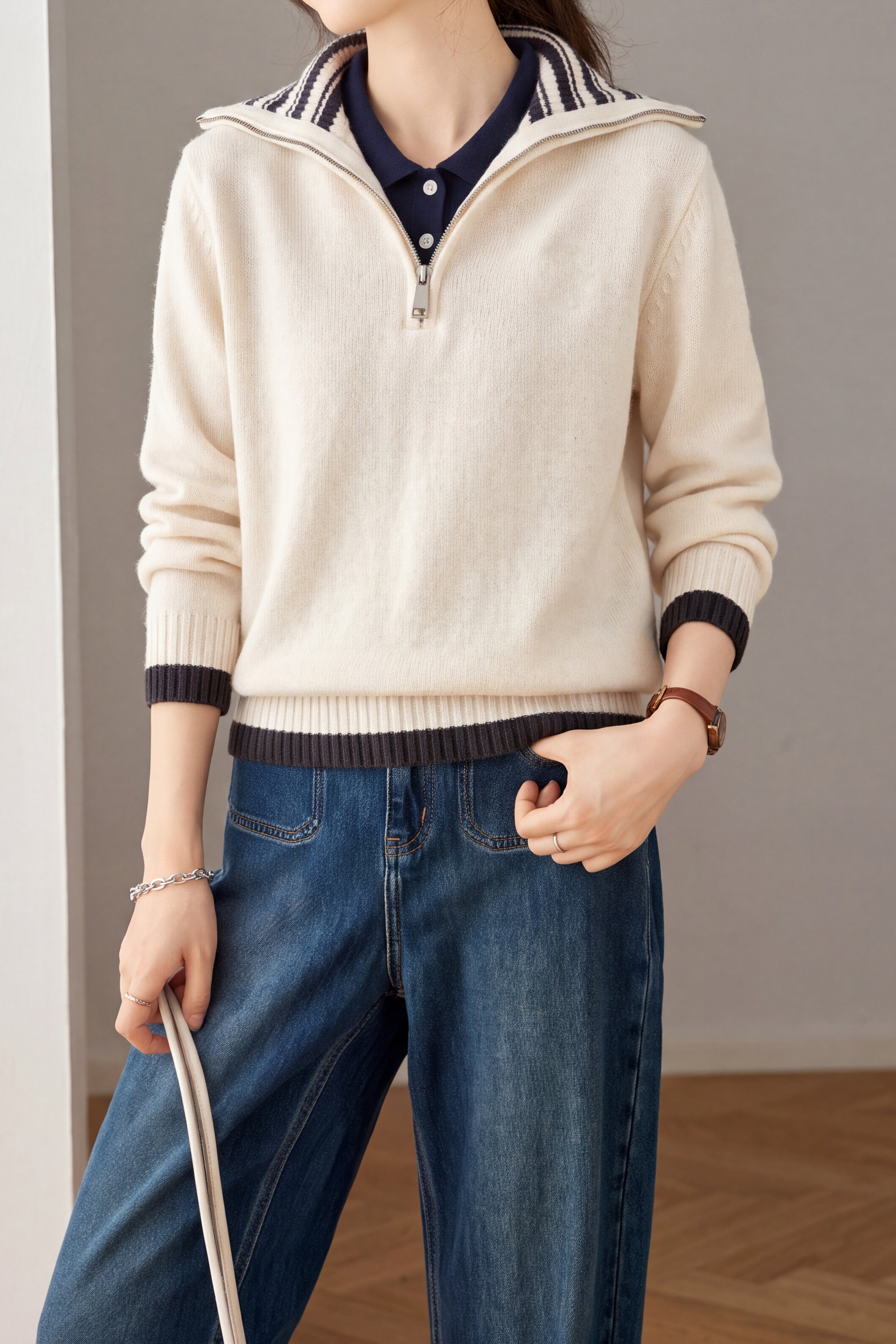 Casual Striped Collared Half Zip Long Sleeve Knit Sweater - liwisi