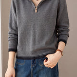 Casual Striped Collared Half Zip Long Sleeve Knit Sweater - liwisi
