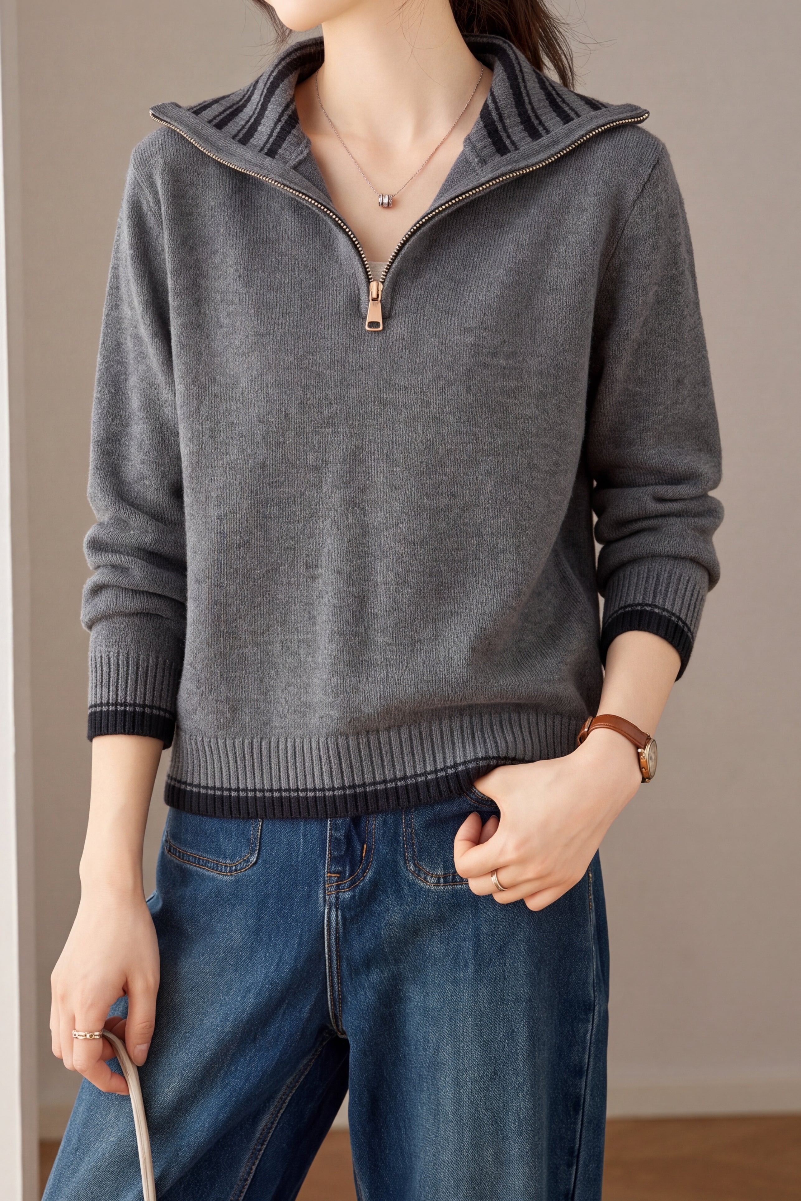 Casual Striped Collared Half Zip Long Sleeve Knit Sweater - liwisi