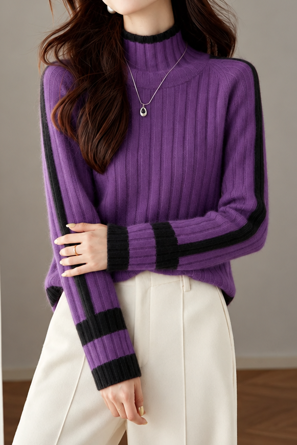 Chic Turtleneck Colorblock Ribbed Long Sleeve Knit Sweater - liwisi