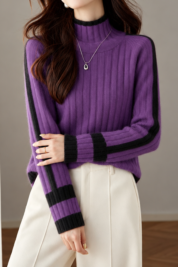 Chic Turtleneck Colorblock Ribbed Long Sleeve Knit Sweater - liwisi