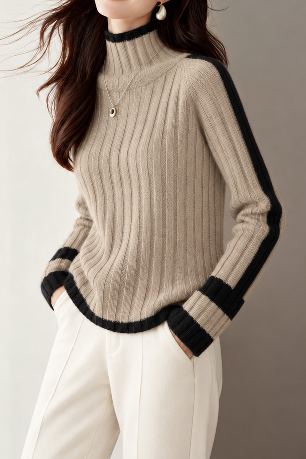 Chic Turtleneck Colorblock Ribbed Long Sleeve Knit Sweater - liwisi