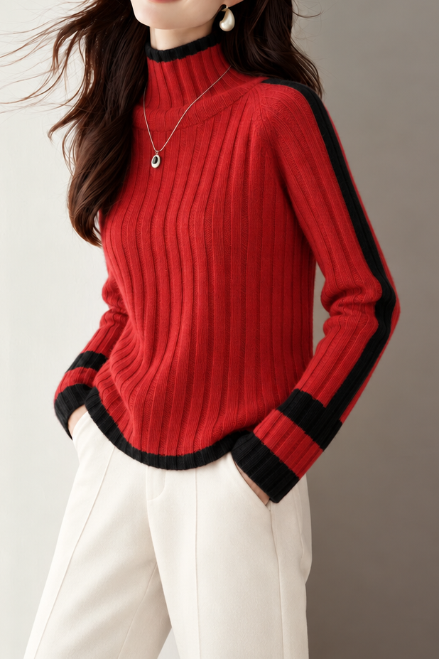 Chic Turtleneck Colorblock Ribbed Long Sleeve Knit Sweater - liwisi