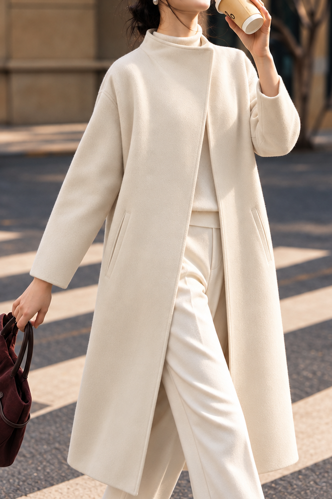 Chic Stand Collar Mid-Length Wool Blend Coat - liwisi
