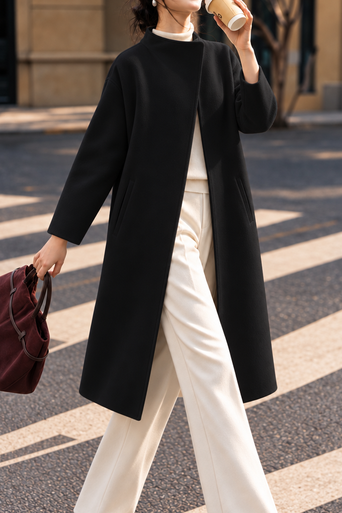 Chic Stand Collar Mid-Length Wool Blend Coat - liwisi