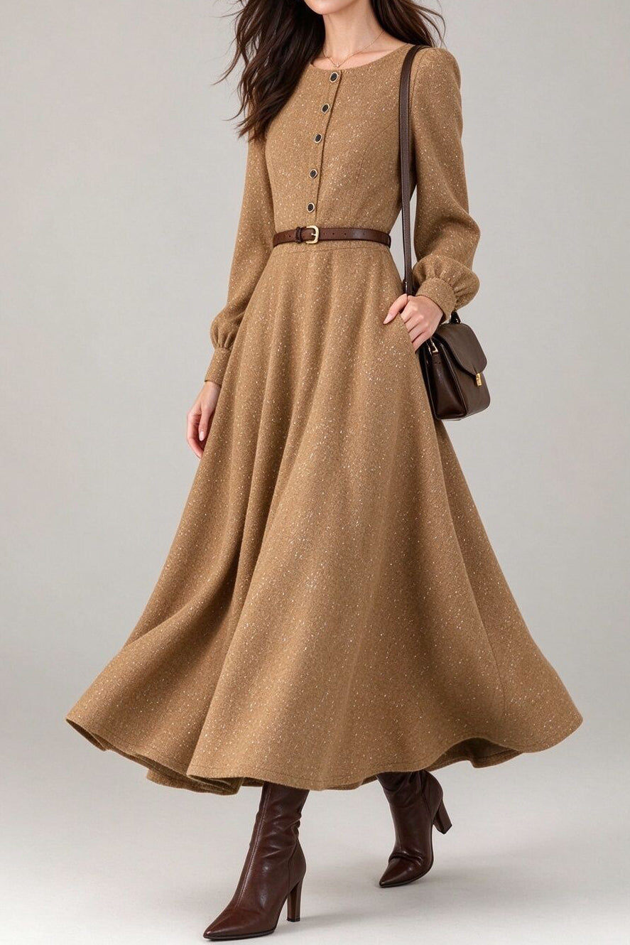 French Chic Crew Neck Balloon Sleeve Dress - liwisi