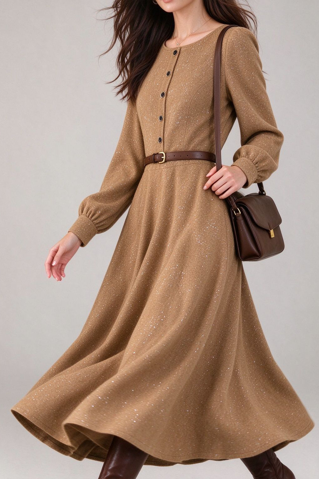 French Chic Crew Neck Balloon Sleeve Dress - liwisi