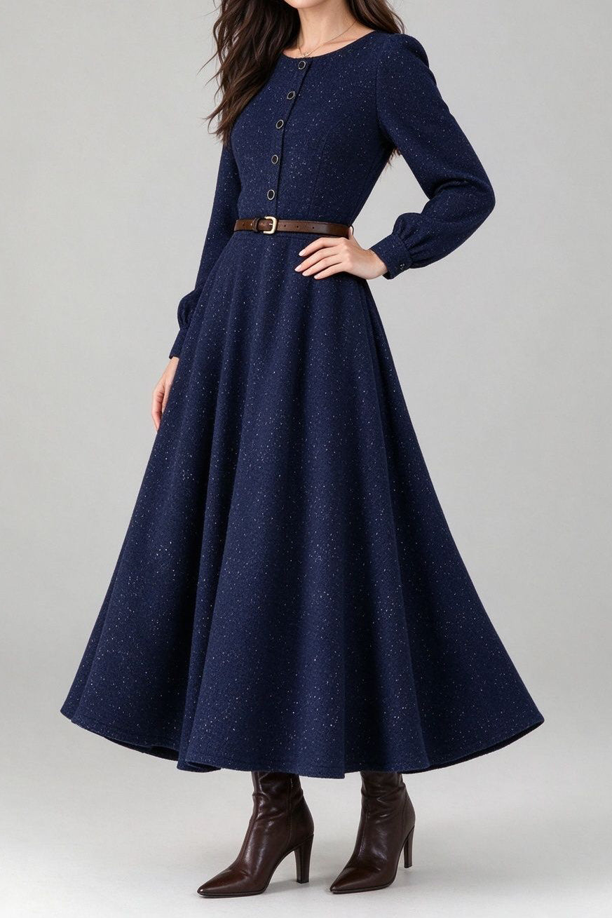 French Chic Crew Neck Balloon Sleeve Dress - liwisi