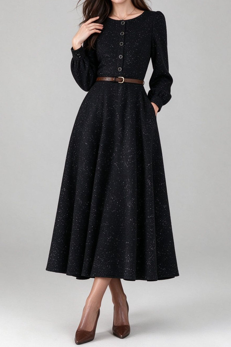 French Chic Crew Neck Balloon Sleeve Dress - liwisi