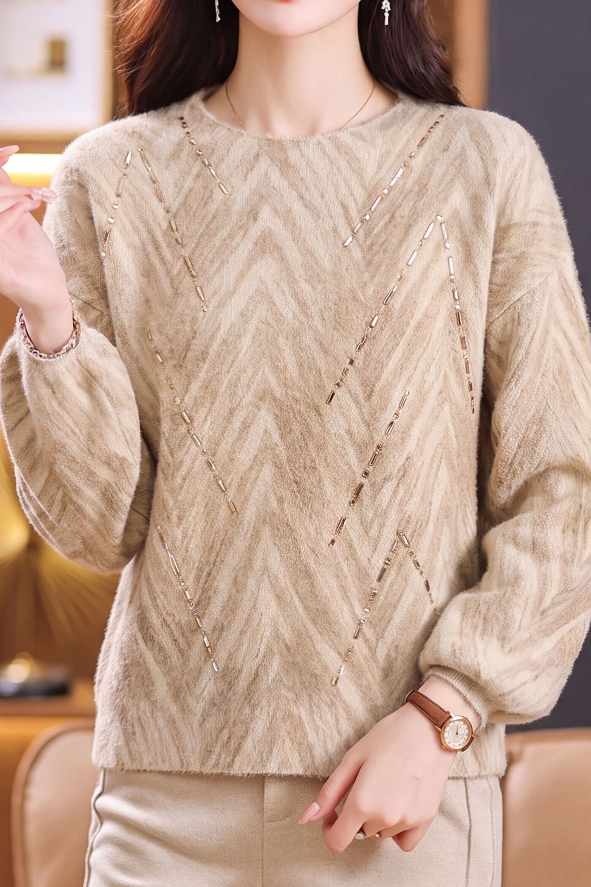 Delicate Crew Neck Beaded Balloon Sleeve Knit Sweater - liwisi