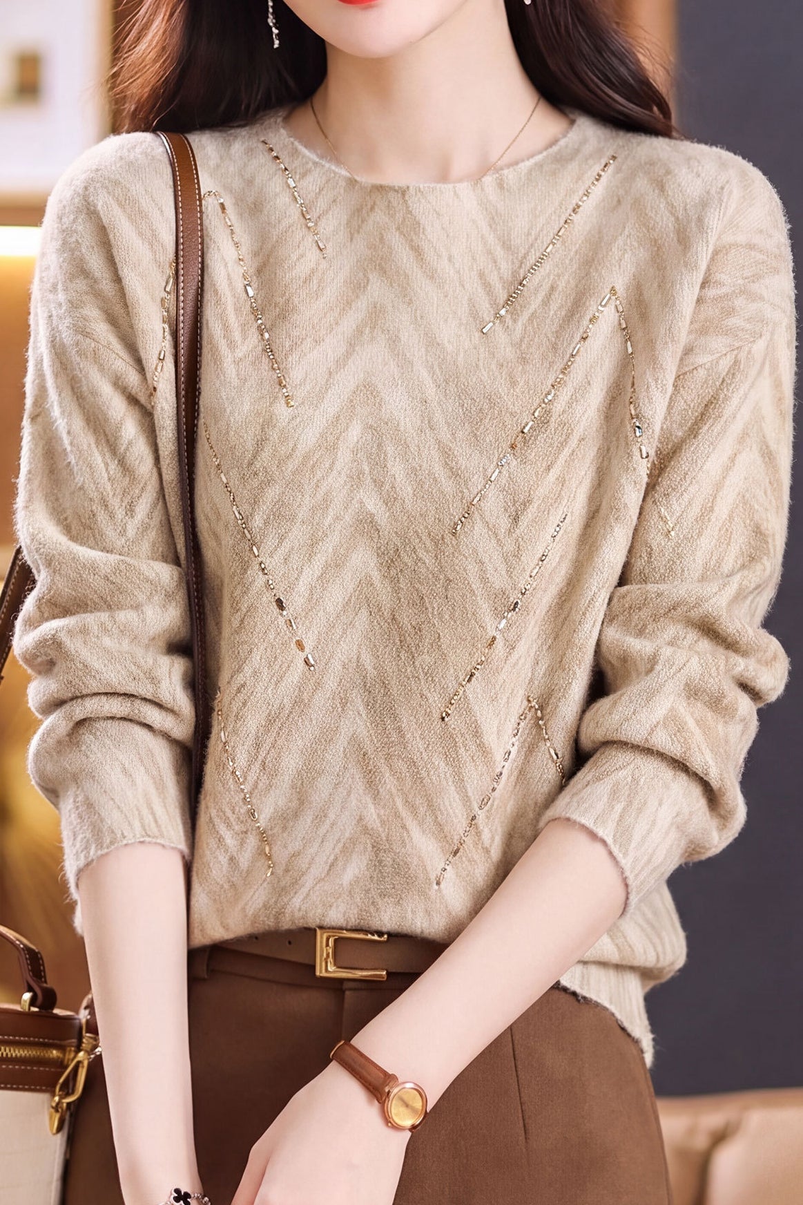 Delicate Crew Neck Beaded Balloon Sleeve Knit Sweater - liwisi