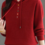 Casual Hooded Drawstring Knit Sweater with Colorful Buttons - liwisi