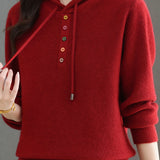 Casual Hooded Drawstring Knit Sweater with Colorful Buttons - liwisi